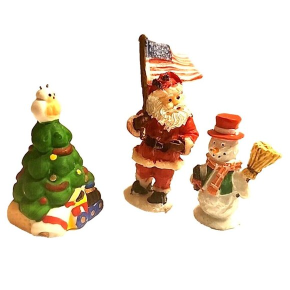 3 Christmas Village Accessories Miniature Figurines Santa w Flag Tree Snowman - Picture 1 of 3